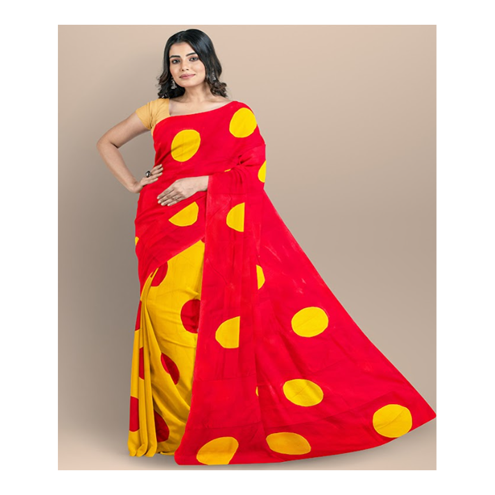 Half Silk Tangail Tant Saree For Women - Red and Yellow - TTS-110