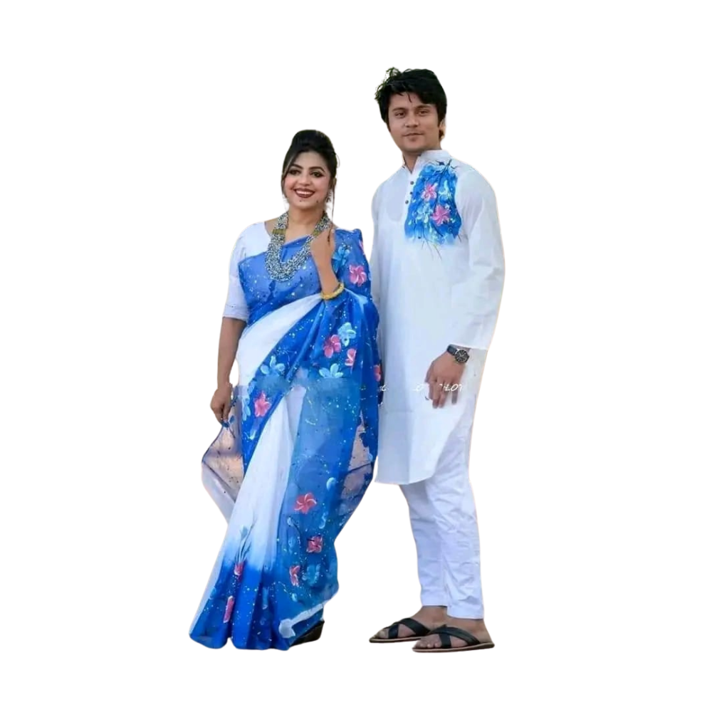 Cotton Silk Saree and Dhupian Cotton Panjabi Couple Dress - Blue & White - SC67