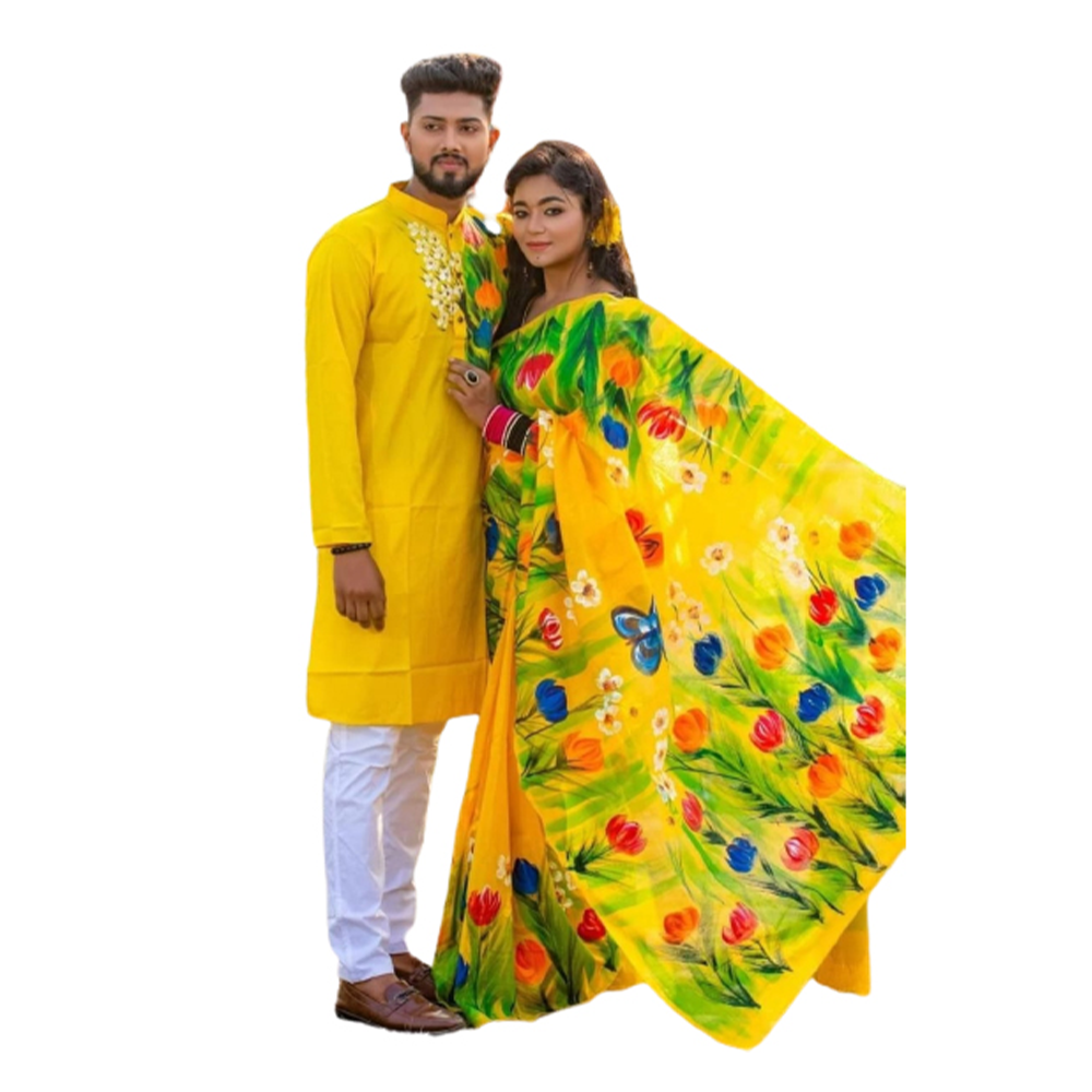 Hand Print Couple Set Saree With Panjabi - Yellow - CS-69