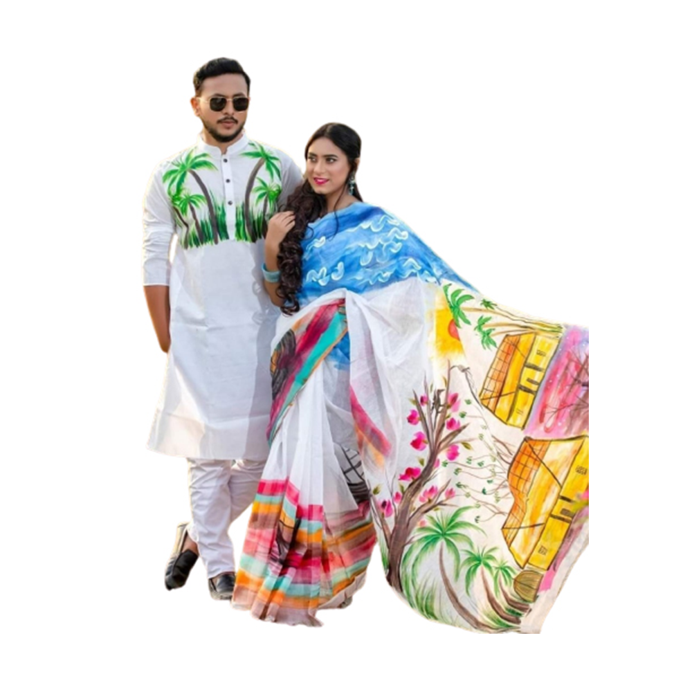 Hand Print Couple Set Saree With Panjabi - Multicolor - CS-93