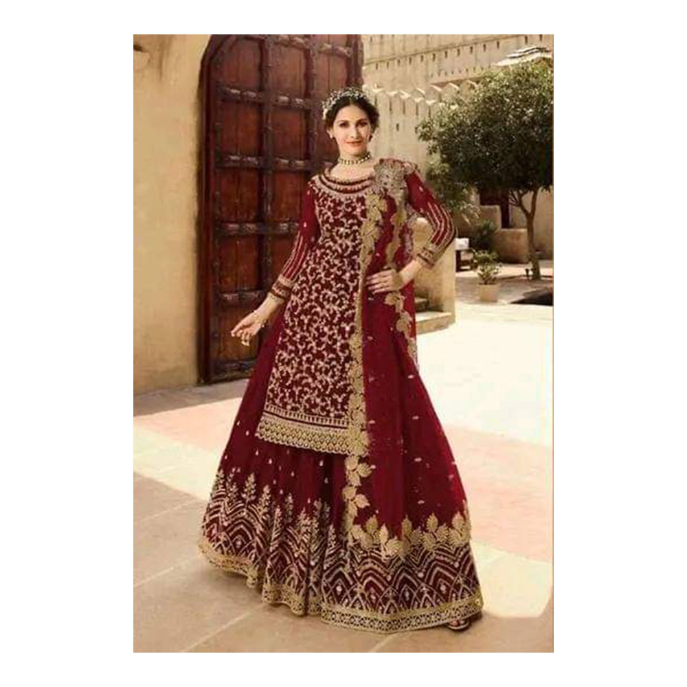 Georgette Semi Stitched Embroidered Party Dress for Women - Maroon