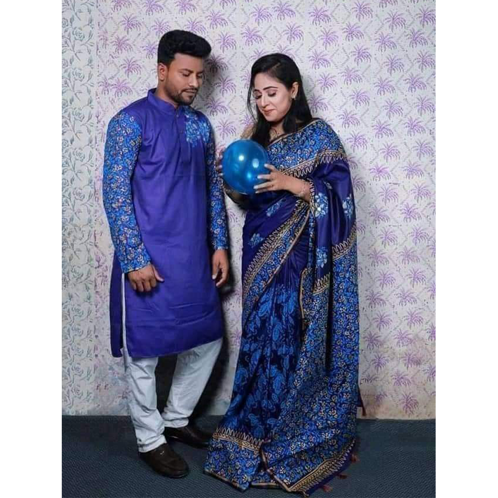 Dhupian Silk Saree and Dhupian Panjabi for Couple - Blue - HS-00105