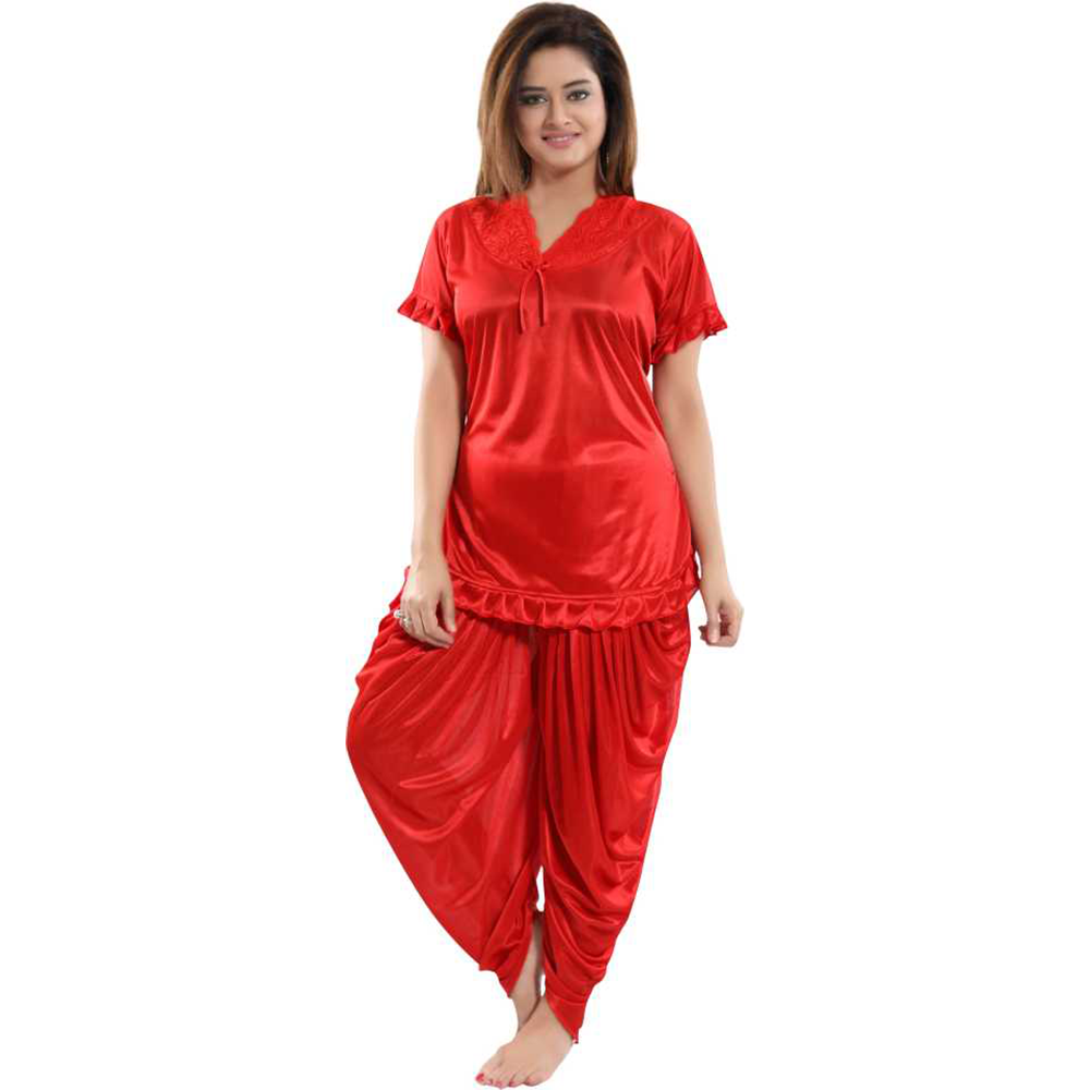 Satin Two Part Night Wear For Women - Red - ND-78