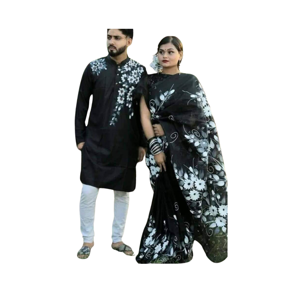 Cotton Silk Saree and Dhupian Cotton Panjabi Couple Dress - Black - SC50