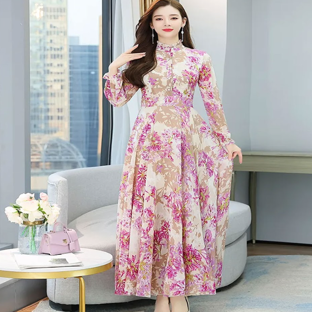 Linen Full Sleeve Digital Print Long Gown For Women - Light Pink -1556