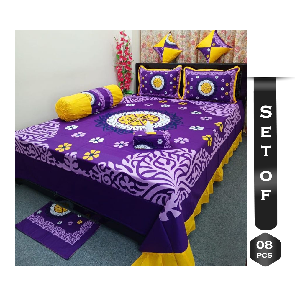 Set Of 8Pcs Cotton King Size Bed Sheet - Purple - PT-01