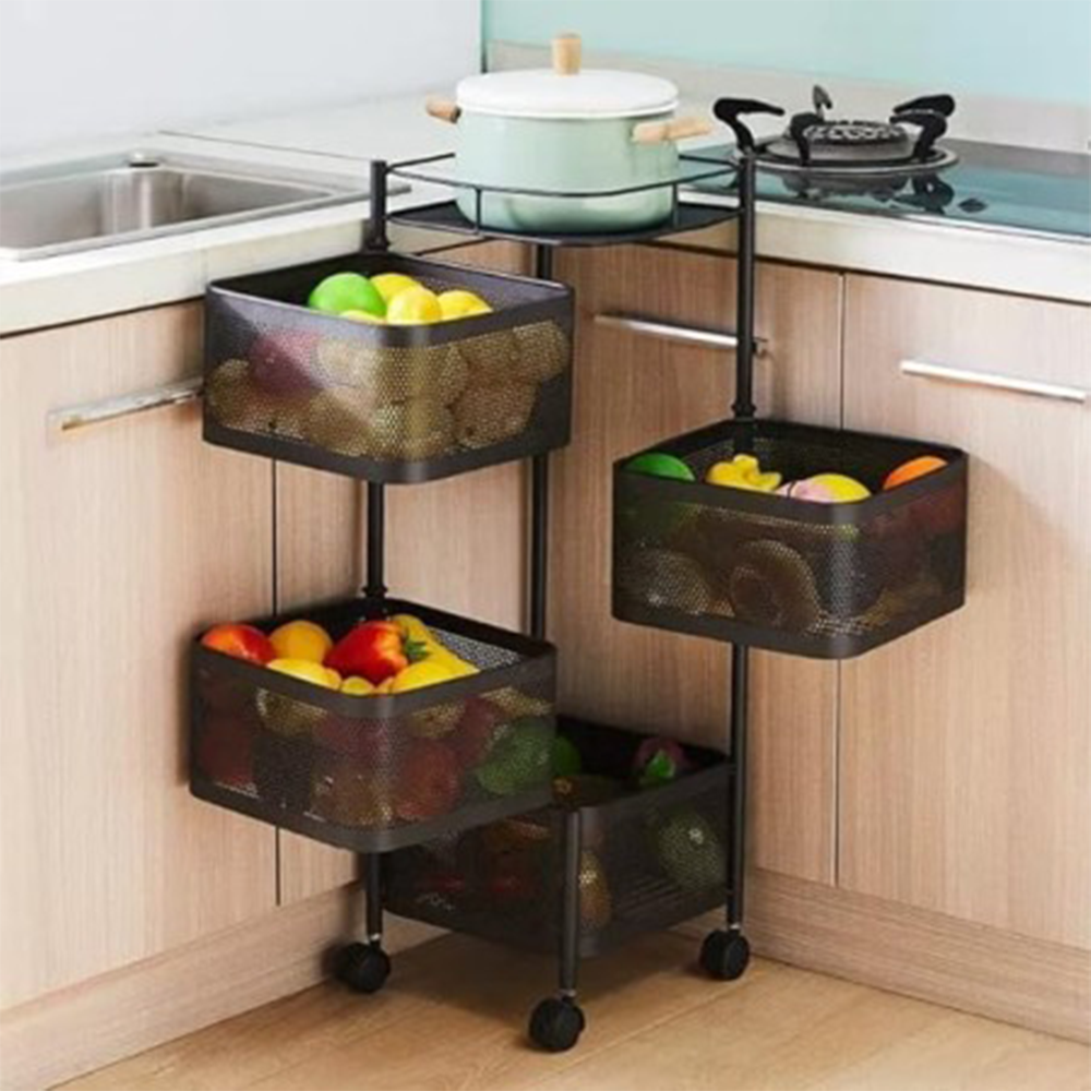 Carbon Steel 4 Layer Square Shape Kitchen Storage Rack - Black