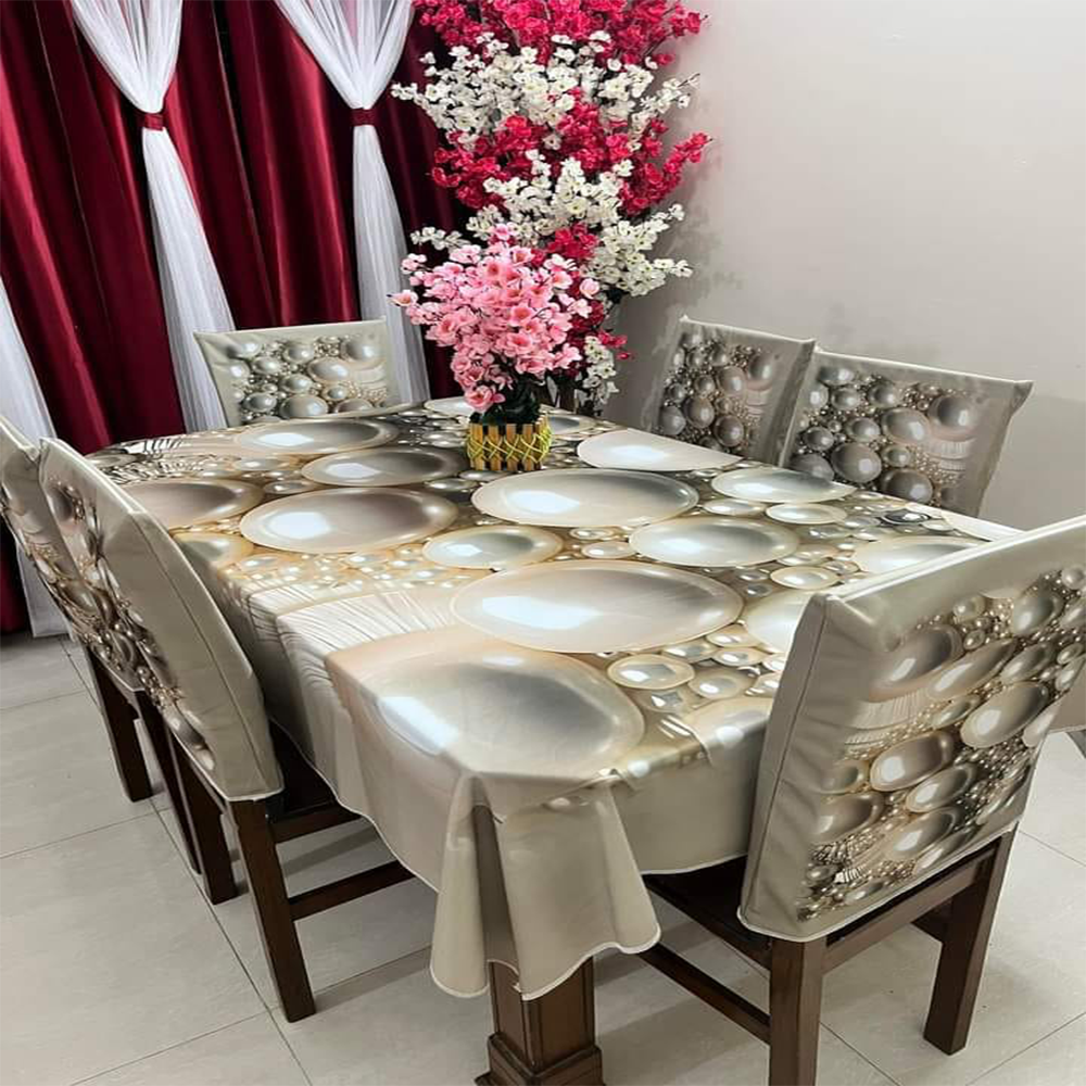 Velvet 3D Printed Dining Table Cloth with 6 Pcs Chair Cover - 60x84 Inch - Multicolor - TC-51