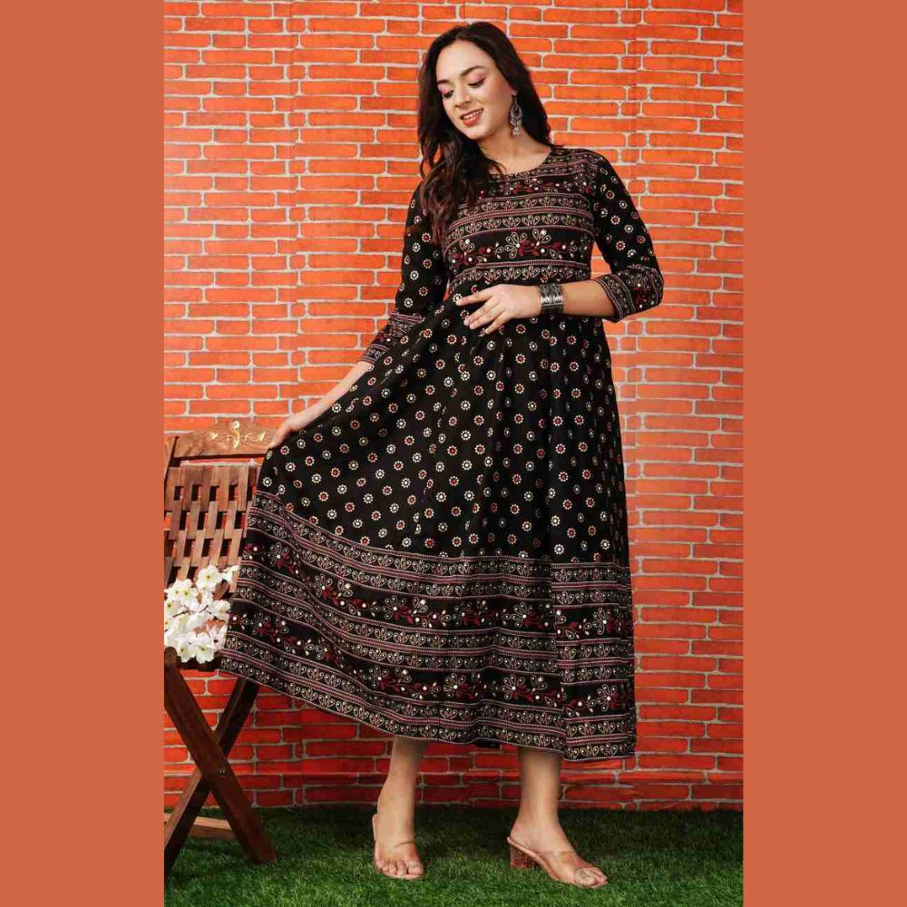 Ready Made VIP Cotton Chundi Printed Gown for Women - Black