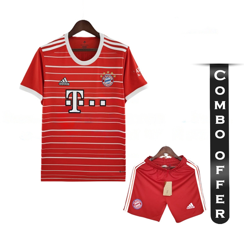 Combo of Bayern Munich Mesh Cotton Short Sleeve Home Jersey and Short Pant - Red - Bayern H2