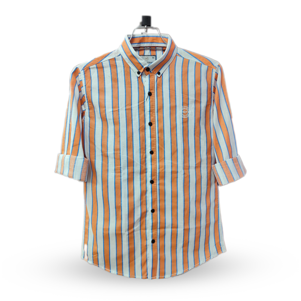 Cotton Full Sleeve Striped Shirt For Men - Orange and White - OP213