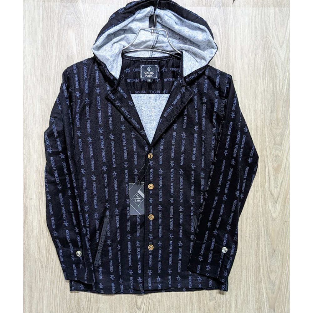 Flannel Cotton Hooded Shirt - Black - SP0017