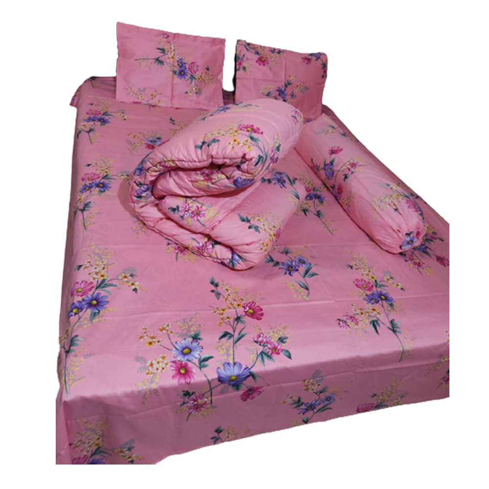 Twill Cotton King Size Five In One Comforter Set - Pink - CFS-138