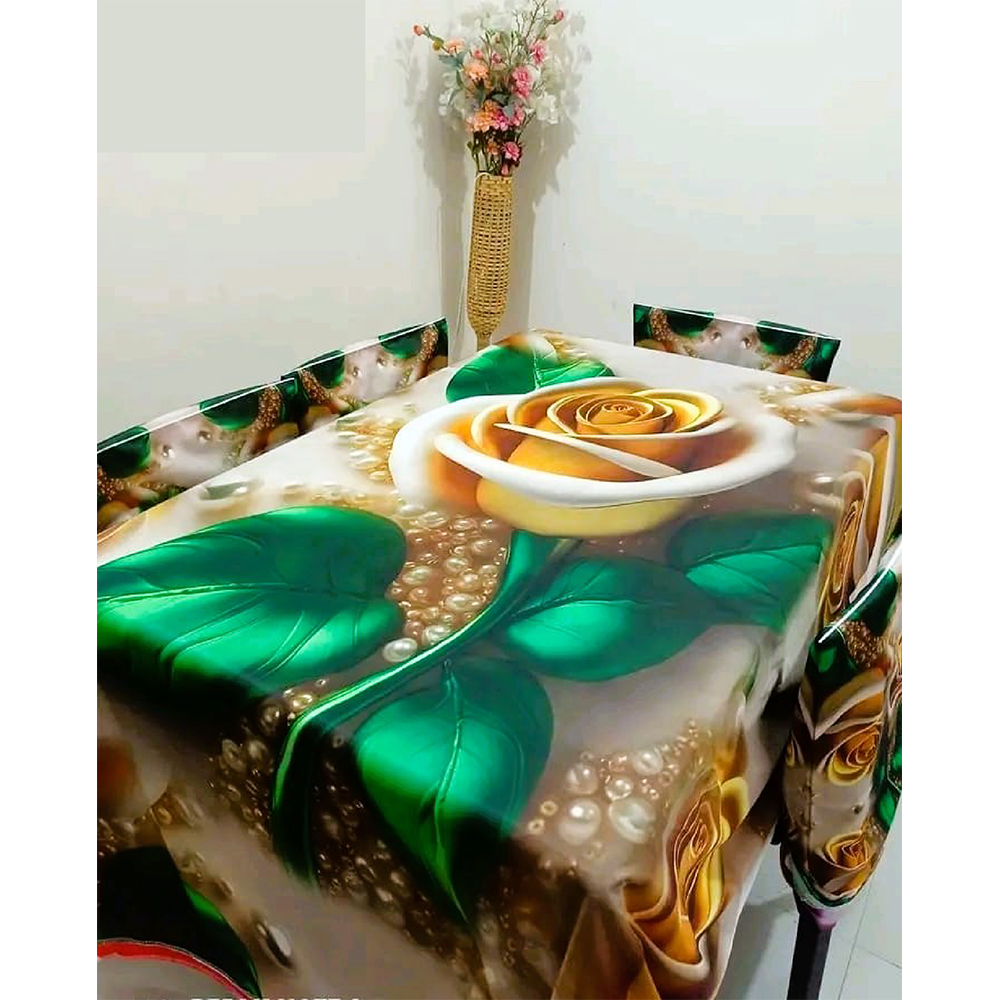 Korean Velvet 3D Print Dining Table Cloth and Chair Cover Set 7 In 1 - HS 00085