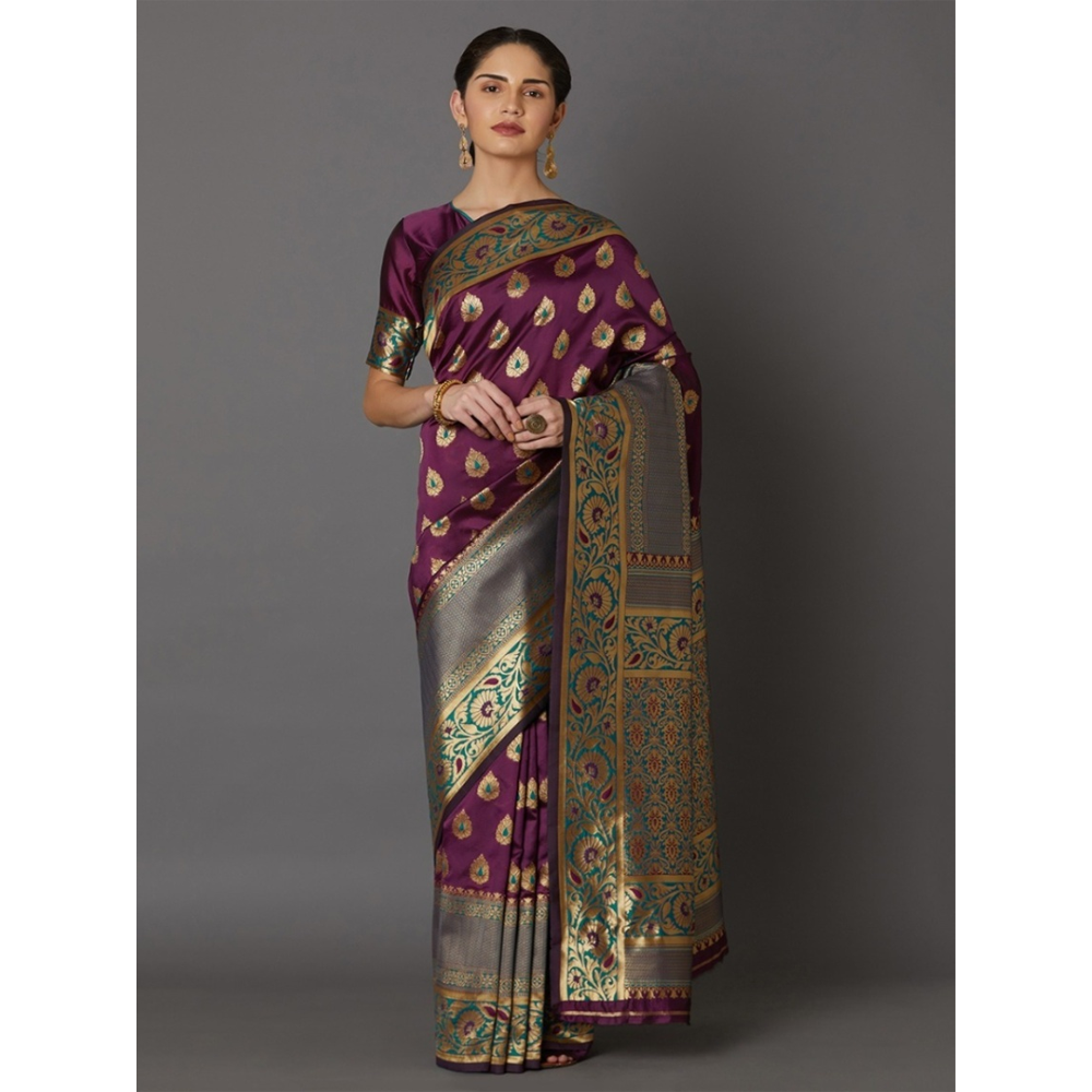 Silk Printed Saree With Blouse Piece For Women - Purple - MN-720