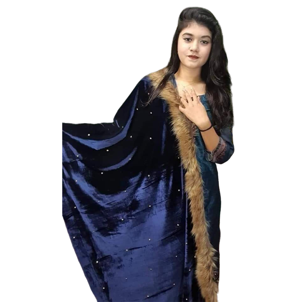 Indian Velvet Shawl For Women - Navy Blue - BR-04