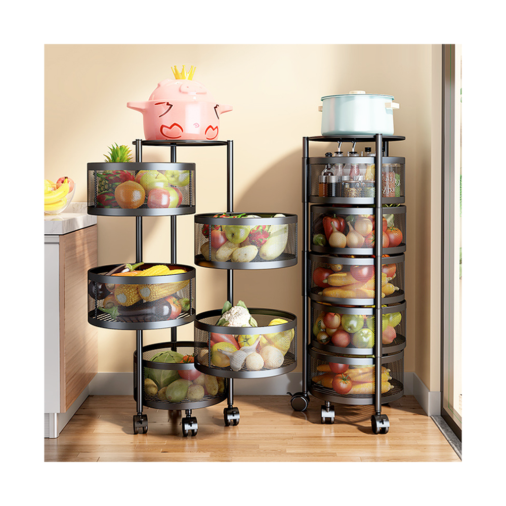 Stainless Steel 5 Layers 360 Degree Round Fruit Vegetable Storage Rack - Black