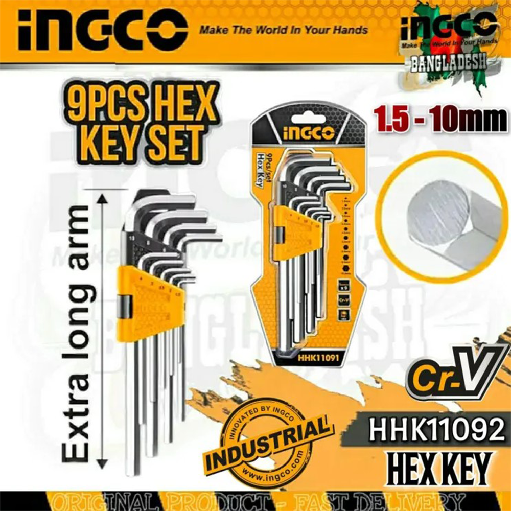 Ingco ARM Extra Long Hex Key Set - 09 Pcs 