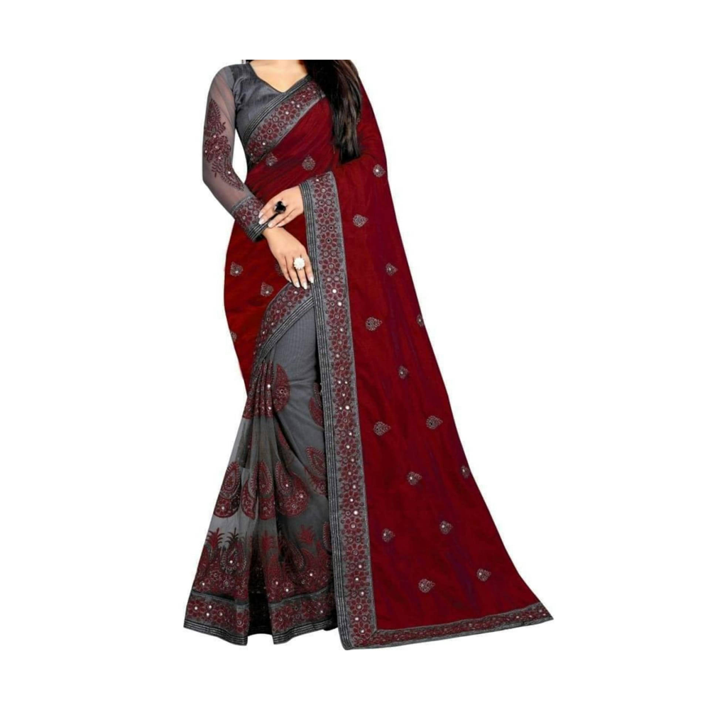 Embroidery Work Weightless Georgette Saree With Blouse Pcs For Women - Maroon and Dark Ash