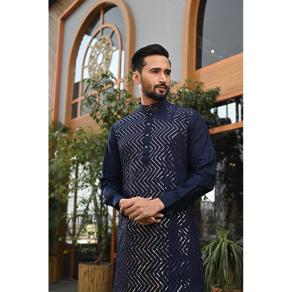 Cotton Sequins Panjabi For Men - Dark Blue - P39