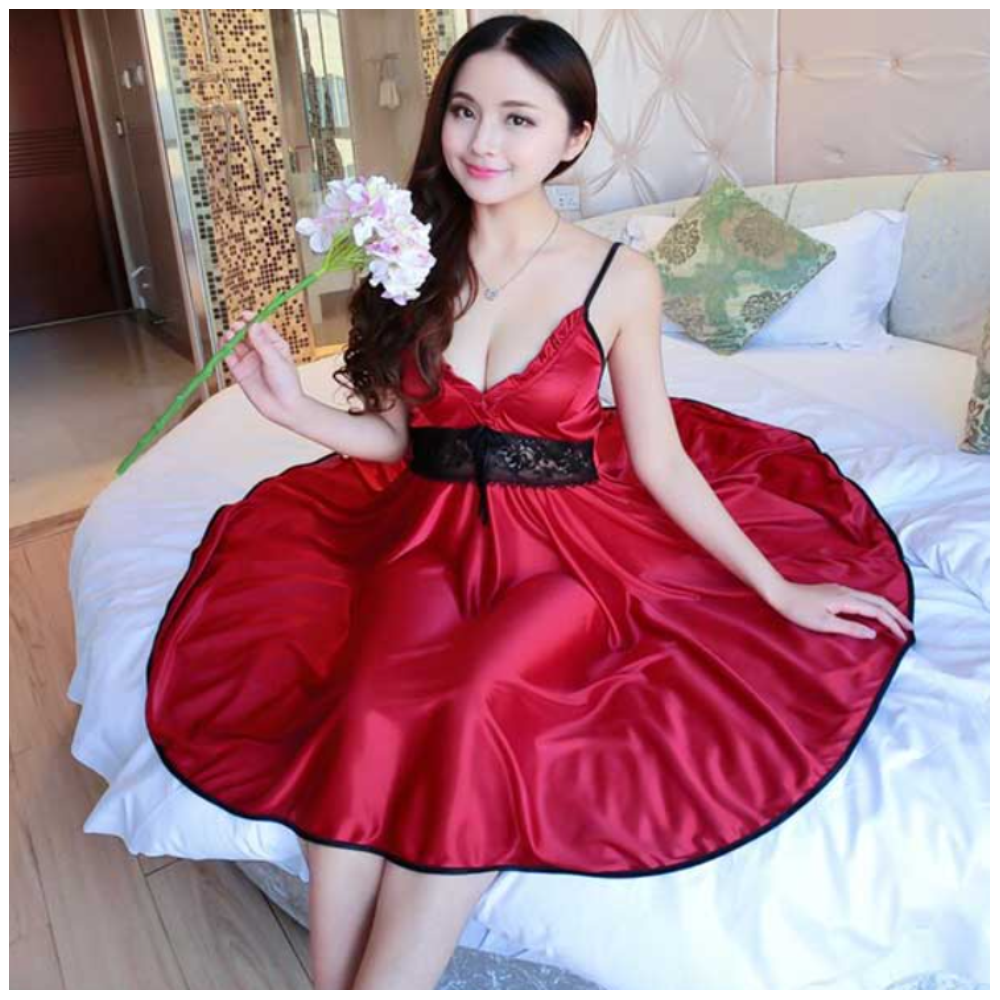 Satin Plain Nighty Dress With Panty - Maroon - N_3041