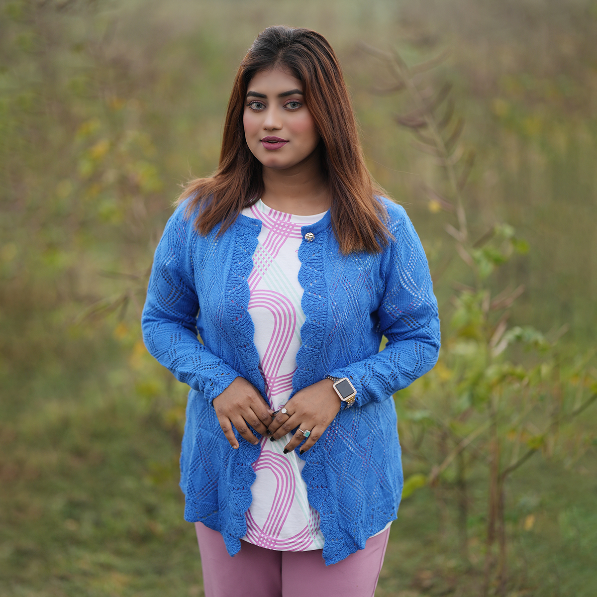 Acrylic Short Cardigan for Women Blue