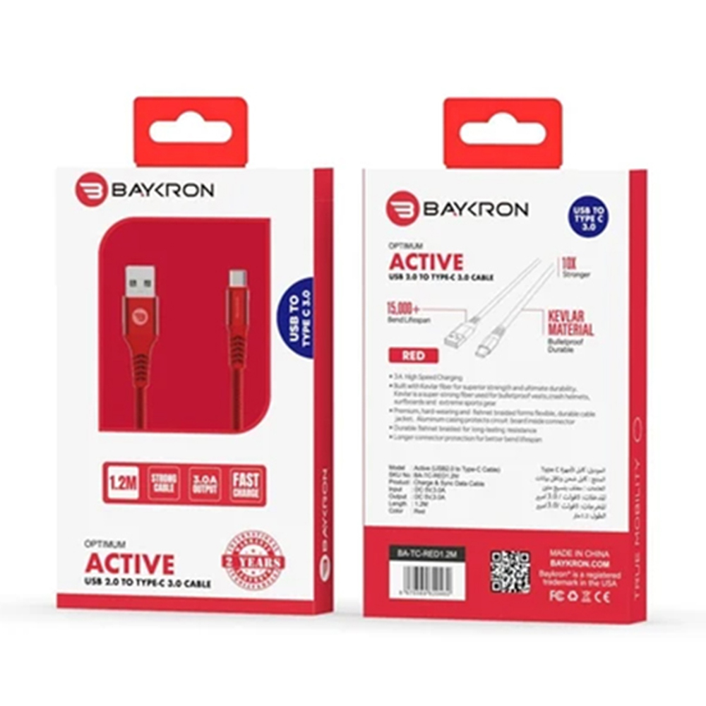 BAYKRON USB A to Type C Cable 3A - 1.2m - Red