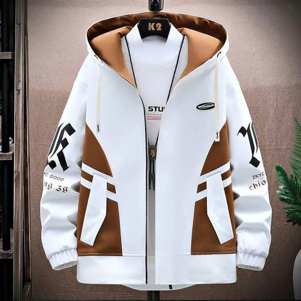 Cotton and Brush Hoodie Jacket For Men - White