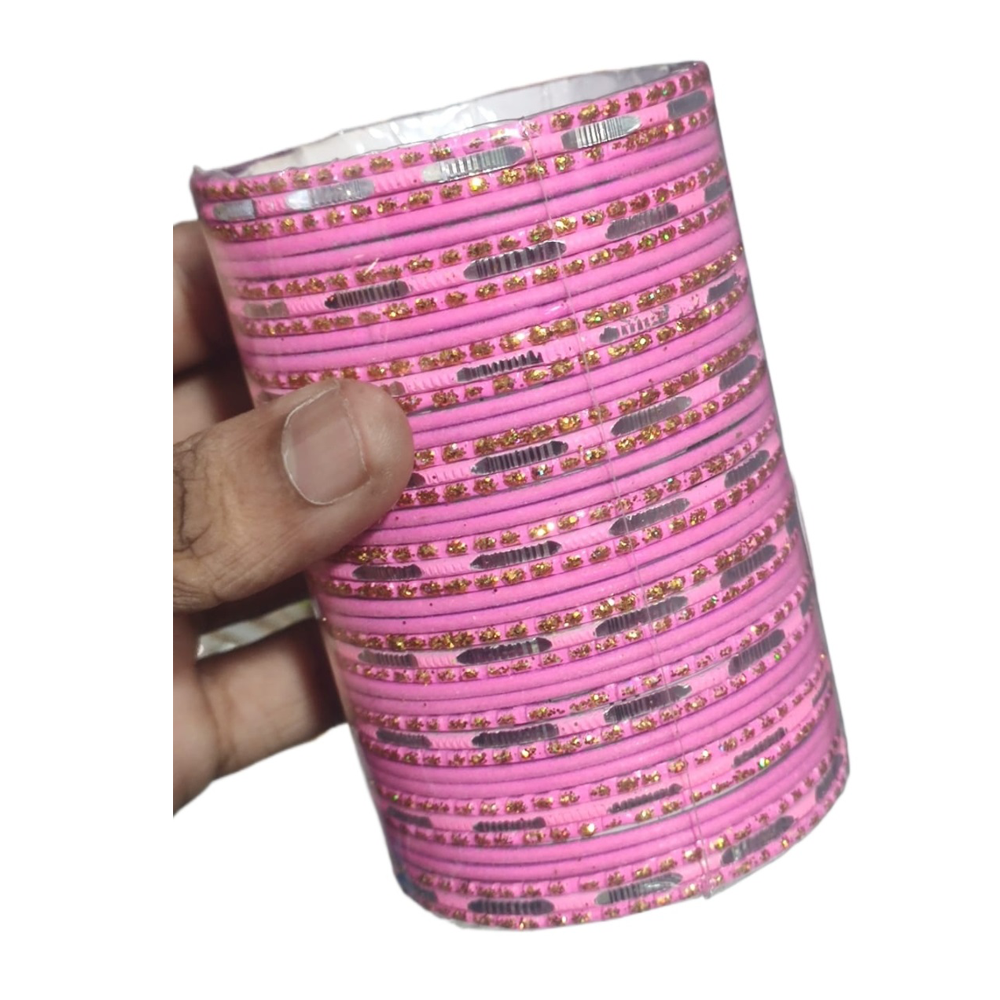 Metal Velvet Churi Set For Women - 36 Pcs - Pink