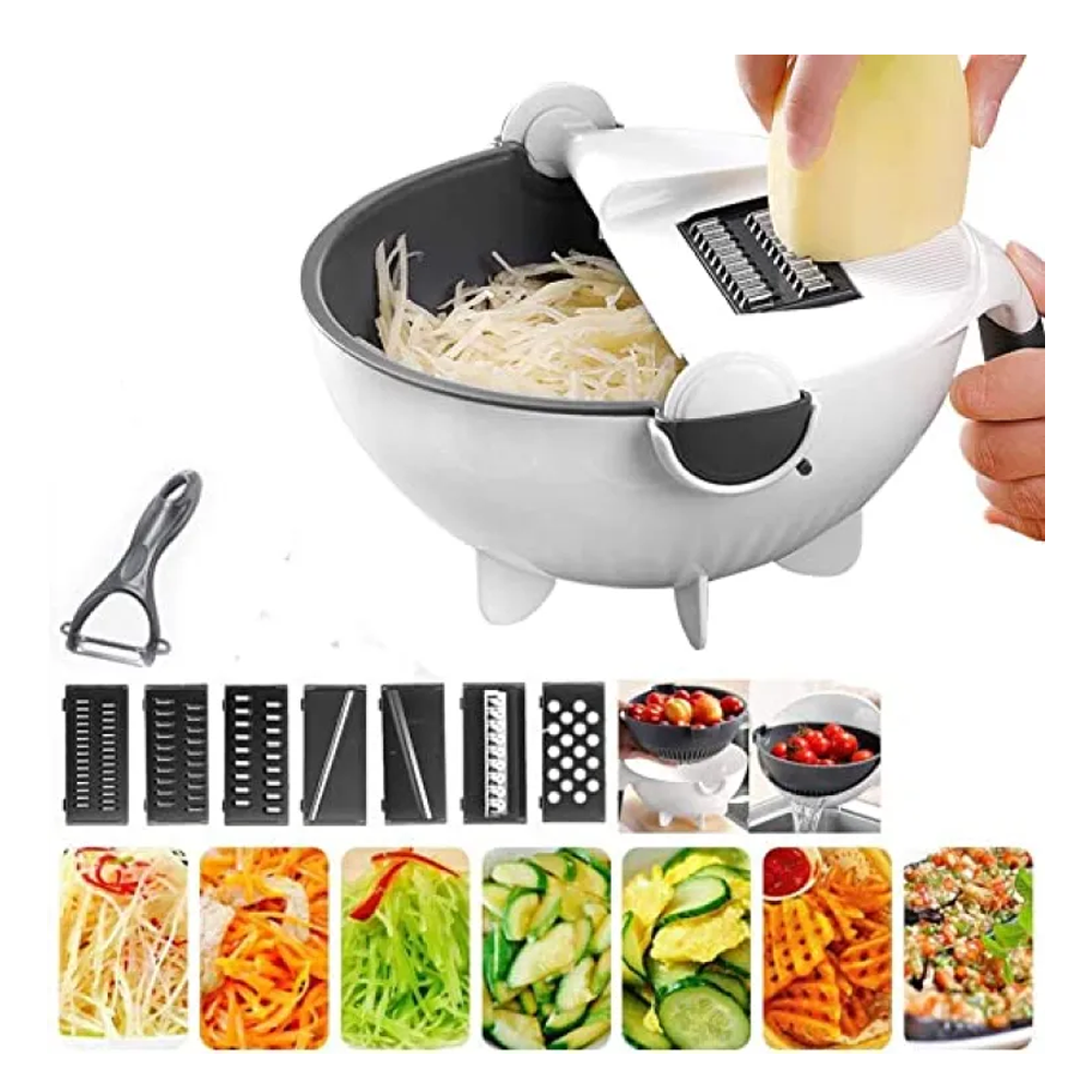 Plastic Round Wet Basket Vegetable Cutter 7 In 1 Multi Function With Drain Basket - White
