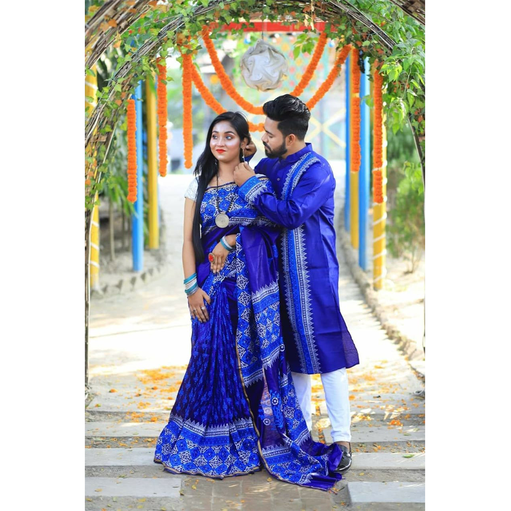 Dhupian Silk Saree and Dhupian Panjabi for Couple - Blue - HS-00104