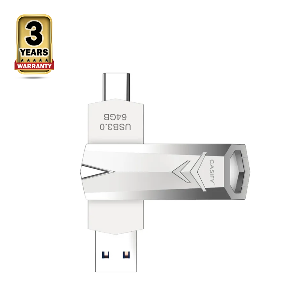 Casify P3 Dual Plug Type C to USB 3.0 Metal Pen Drive - 64 GB - Silver