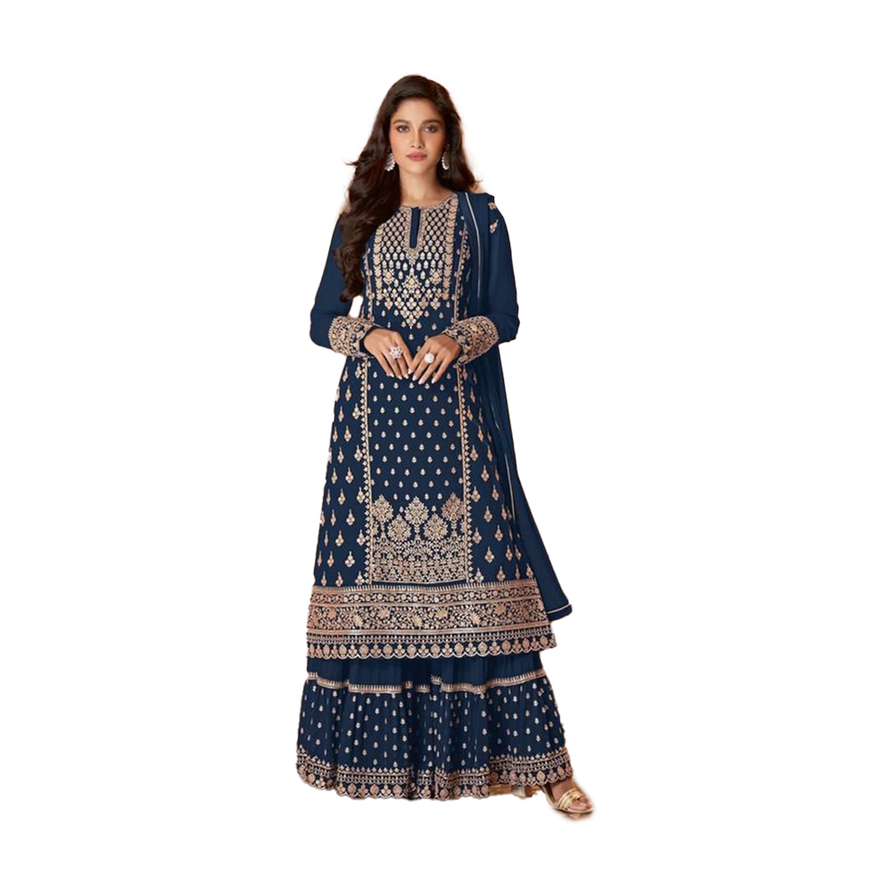 Semi -Stitched Embroidery Work Georgette Sarara Dress For Women - Multicolor