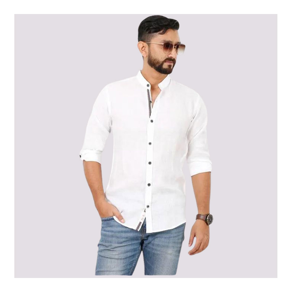 Cotton Casual Band Collar Shirt For Men - White