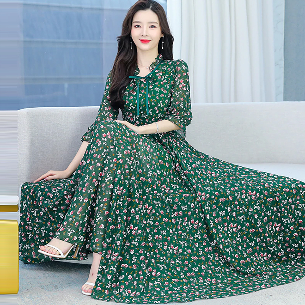 Linen 3D Print Long Sleeve Long Gown for Women - Bottle Green - 1530