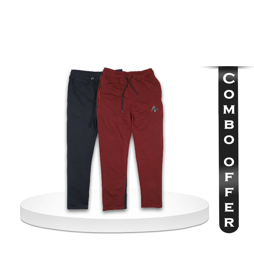 Combo Of 2  piece Cotton Terry Joggers Pant For Men - Blue & Maroon - EMJ#BMJC