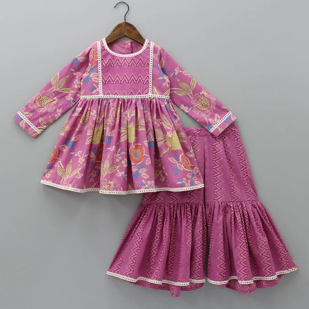 Linen Digital Print Baby Sharara Party Dress for Girls - Multicolor - 1903