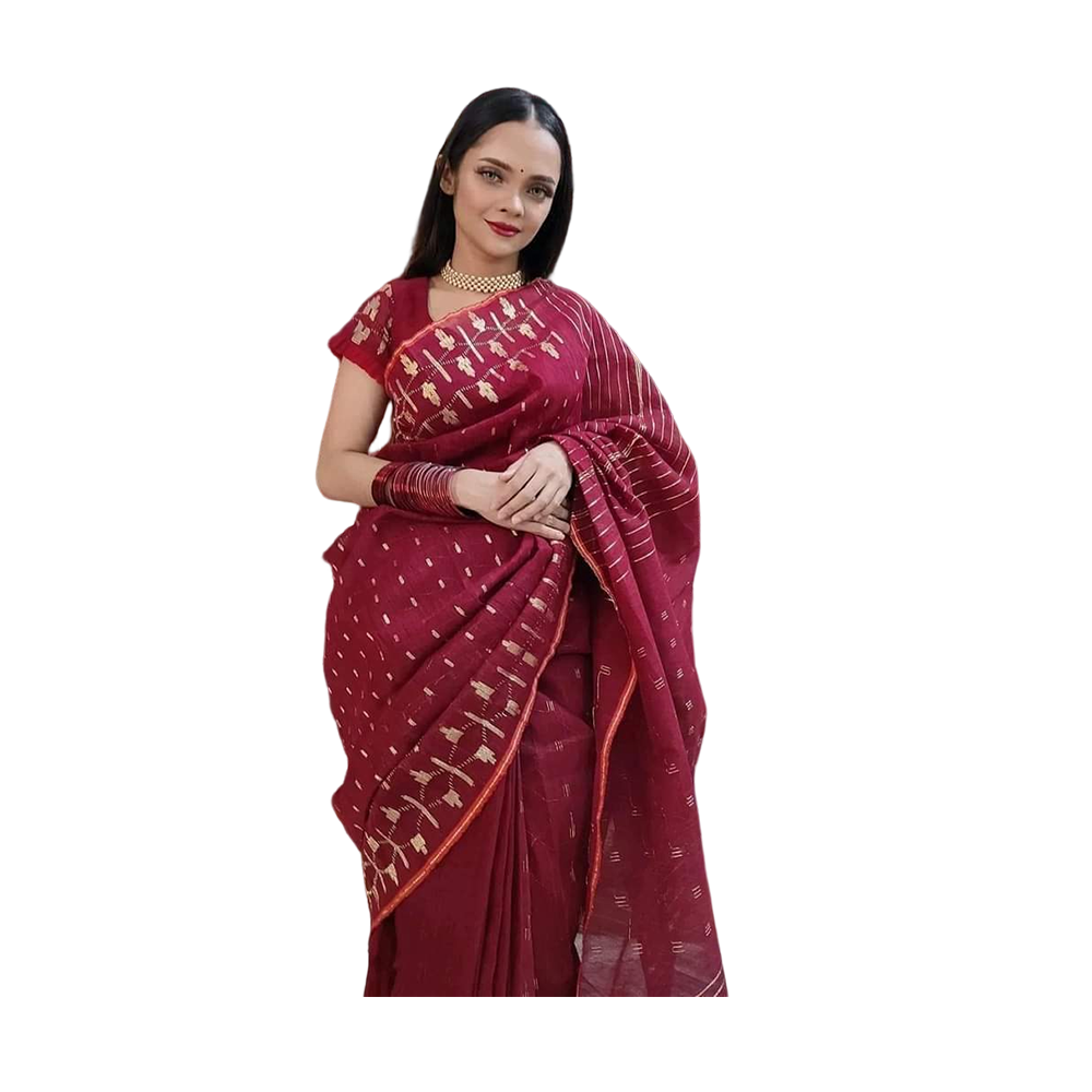 Half Silk Jamdani Saree for Women - Maroon - C04