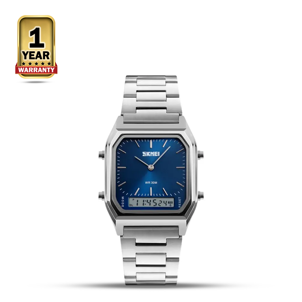 SKMEI 1220 Stainless Steel Dual Time Luxury Watch For Men - Royal Blue and Silver