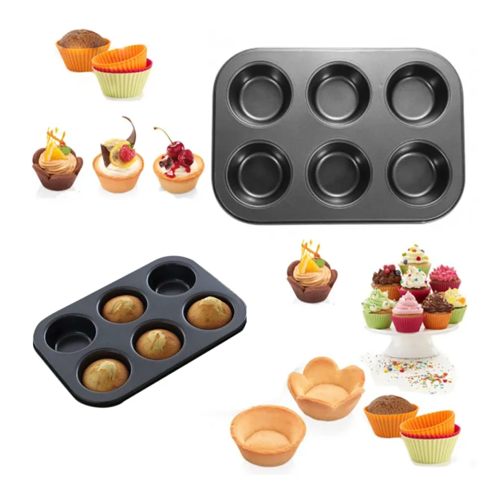 Carbon Steel Mini Muffin Bun Pan Non-stick Cupcake Baking - 6 Cups - Black