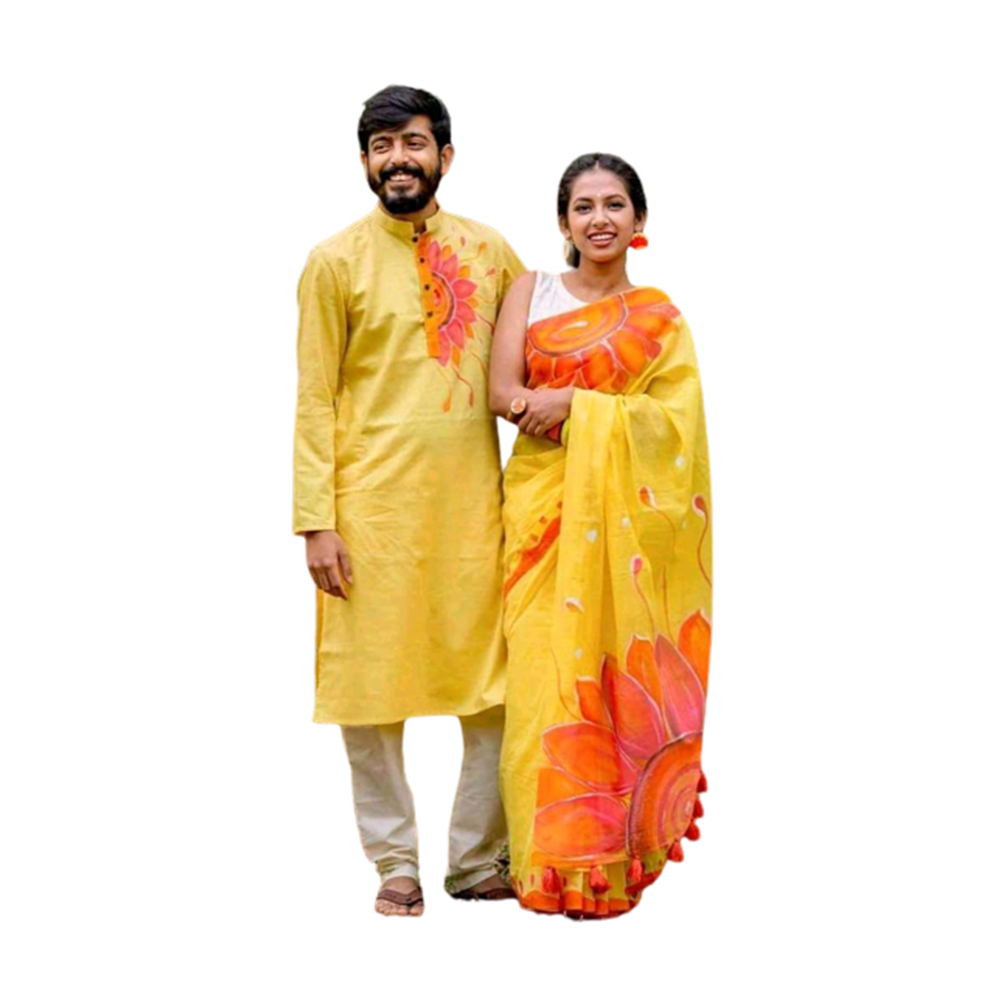 Hand Print Couple Set Saree With Panjabi - Yellow - CS-90