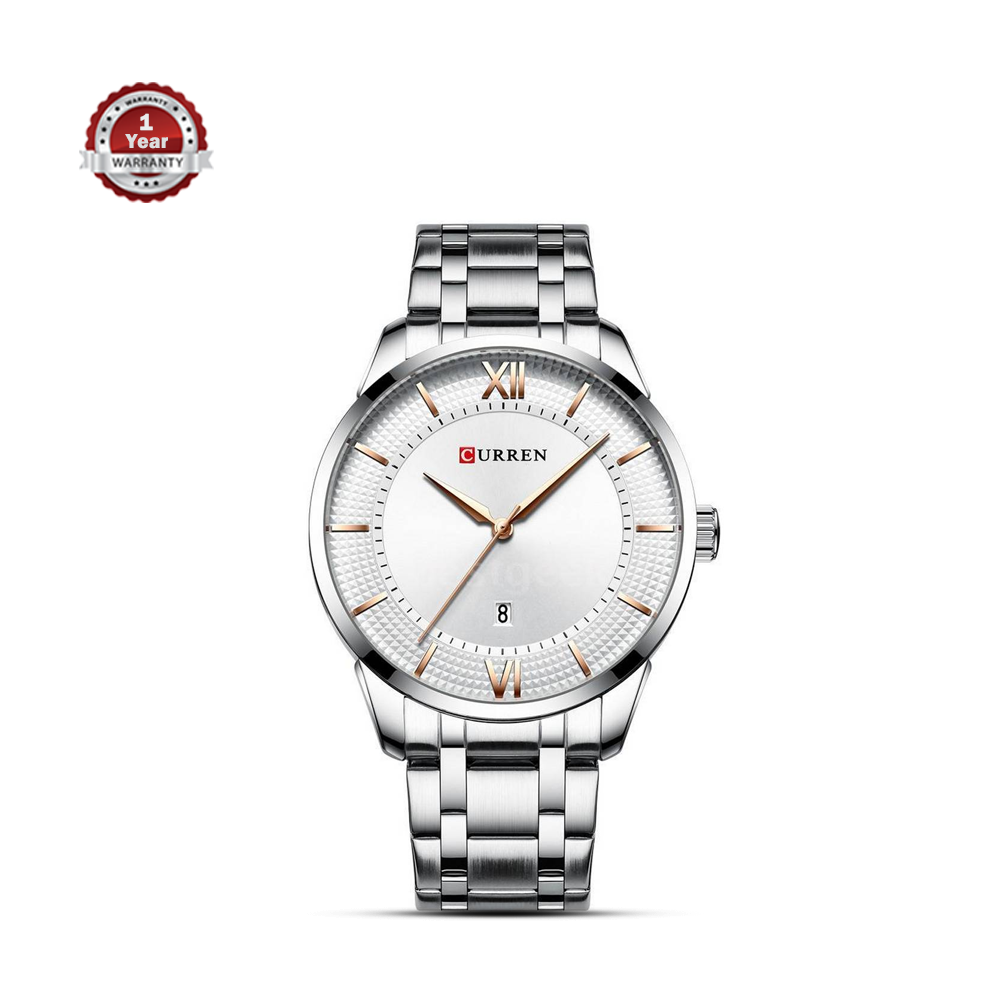 CURREN 8356 Stainless Steel Analog Watch For Men White and Silver