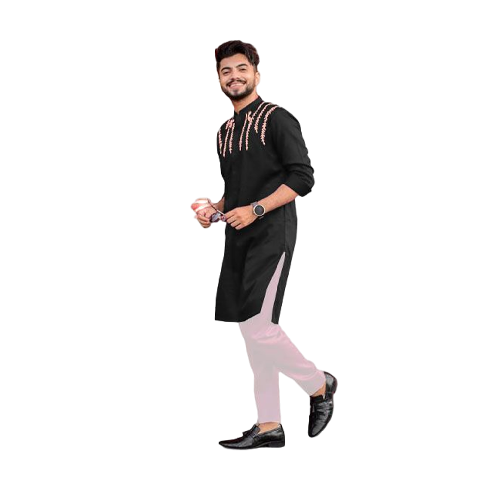 Cotton Embroidery Sherwani Panjabi With Pajama For Men - Black - PS-02