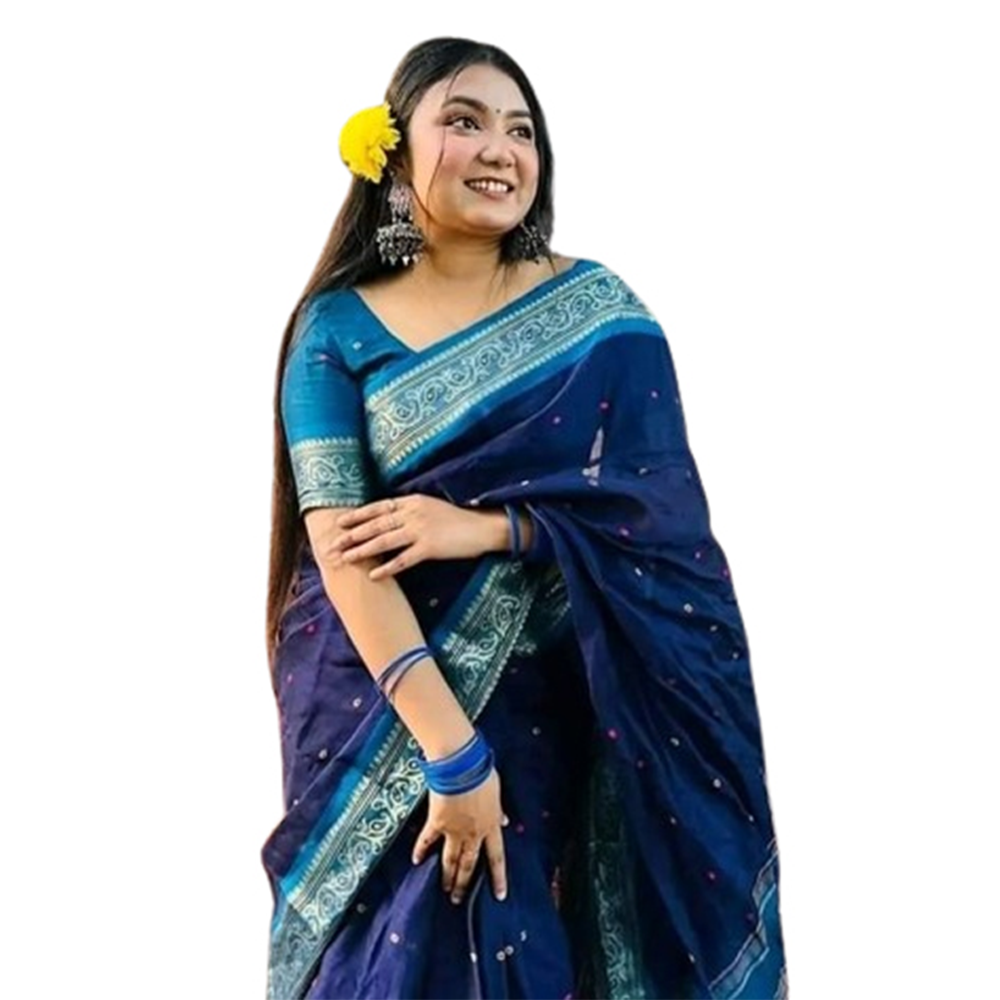 Mashlais Buti Cotton Saree with Blouse Piece For Women - Navy Blue - SP-M04