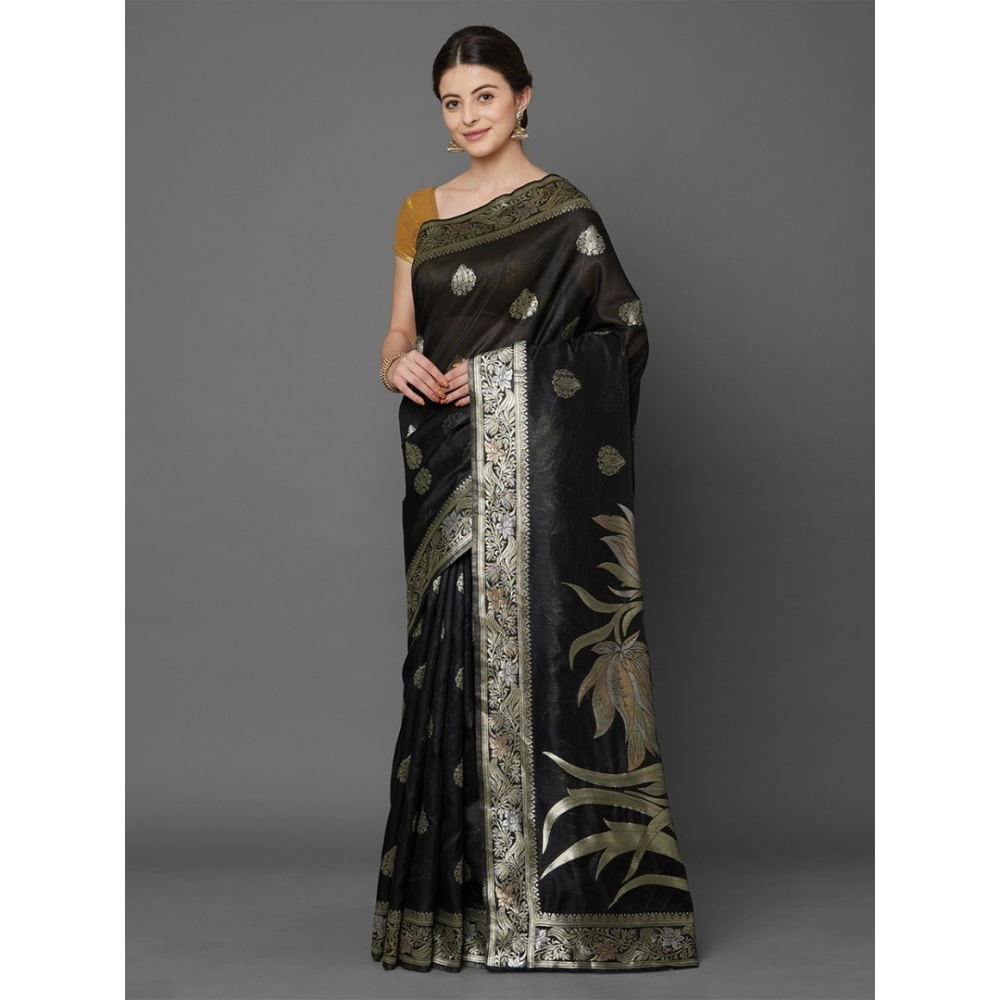 Silk Printed Saree With Blouse Piece For Women - Black - MN-711