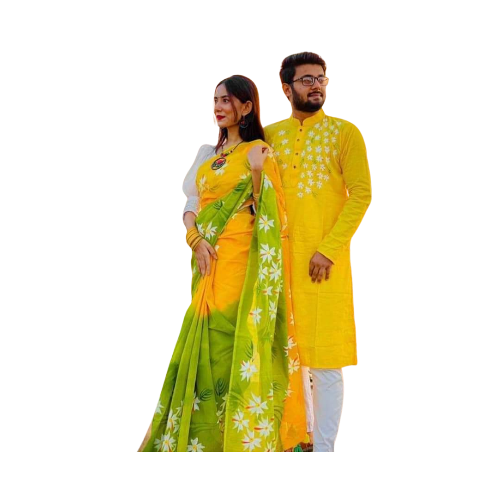 Cotton Silk Saree and Dhupian Cotton Panjabi Couple Dress - Yellow & Soft Green - SC81