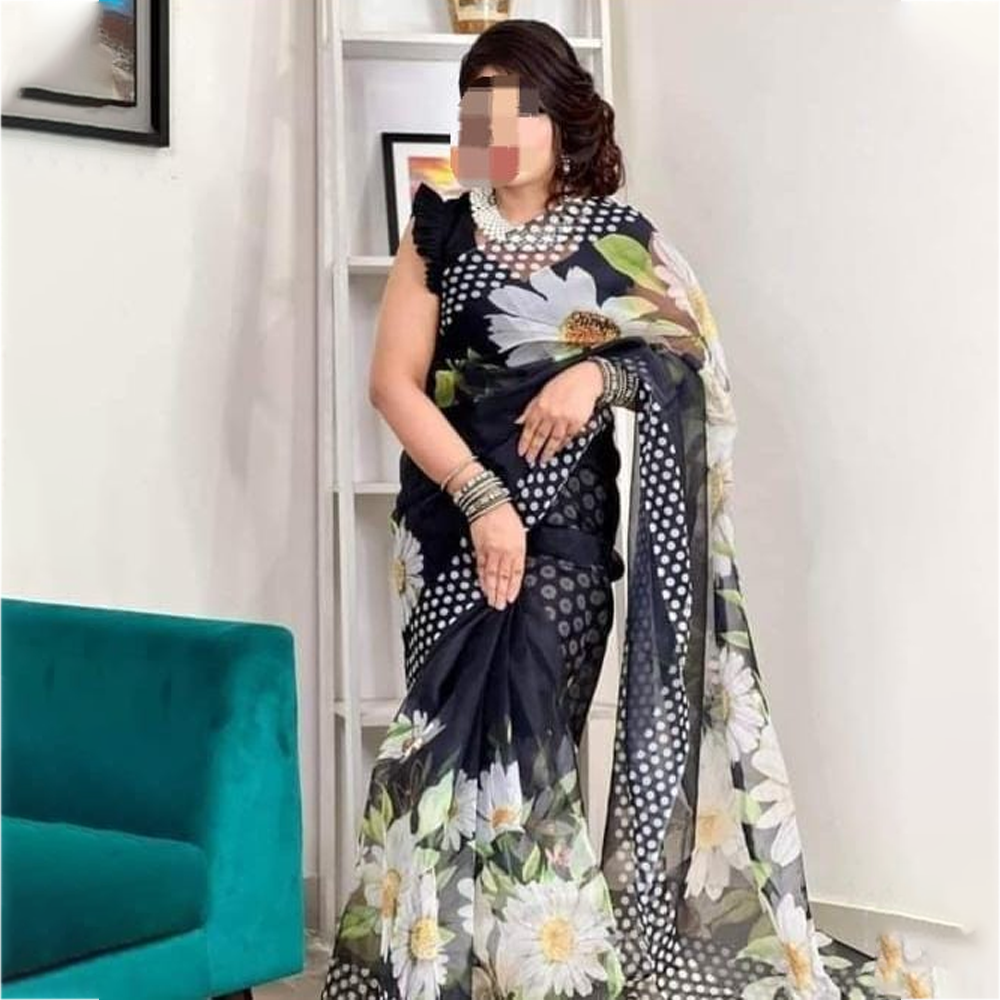 Soft Muslin Silk Digital Print Saree With Blouse Piece For Women - Multicolor - BS-07