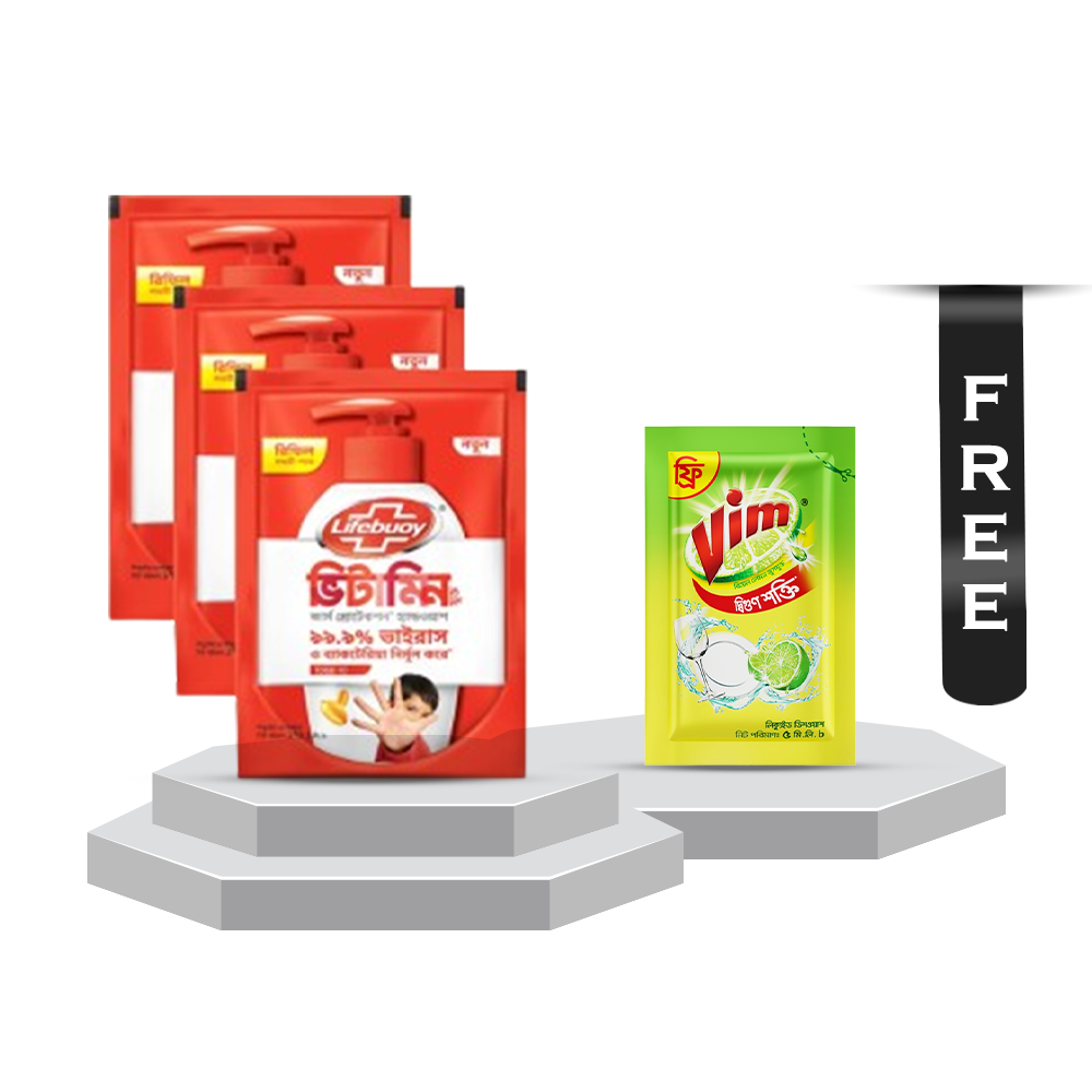 Bundle of 3 Pcs Lifebuoy Handwash Soap Total Refill - 170ml With Vim Liquid Dish Washer - 5ml Free