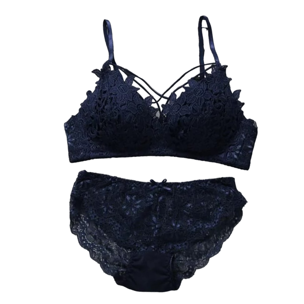 Spandex Floral Lace Push Up Bra and Underwear Set For Women - Blue
