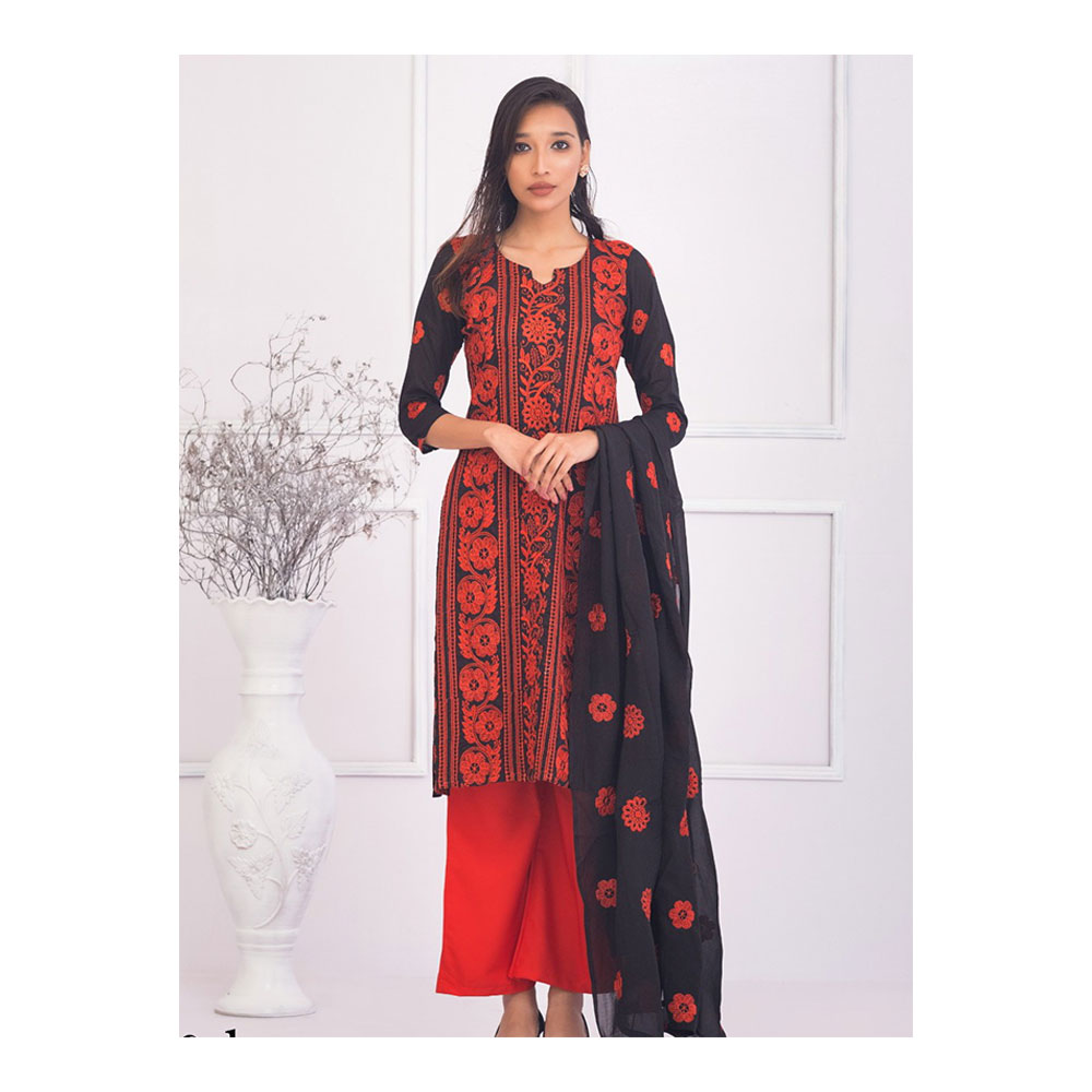 Cotton Semi Stitched Embroidery Salwar Kameez for Women - Red and Black